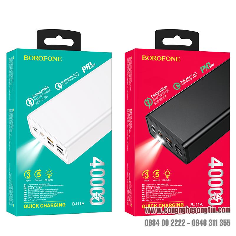 Pin sạc dự phòng BJ11A Borofone dung lượng 40000mAh, 4 cổng sạc USB, 1 cổng  sạc Type C, có màn LCD hiển thị dung lượng pin